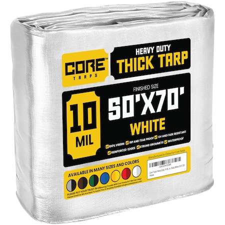 Core Tarps Heavy Duty Tarp, 70 ft L x 0.5 mm H x 50 ft W, 10 Mil, White, Polyethylene CT-604-50X70